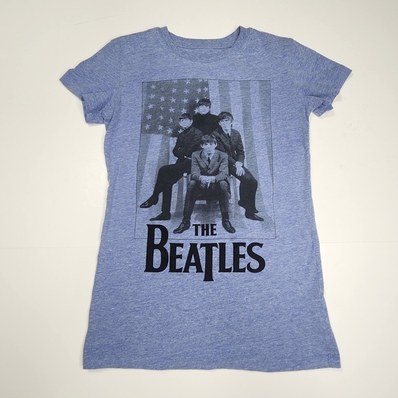 The Beatles T-Shirt Womens Medium Heather Blue American Flag Photo First Tour - Picture 1 of 5